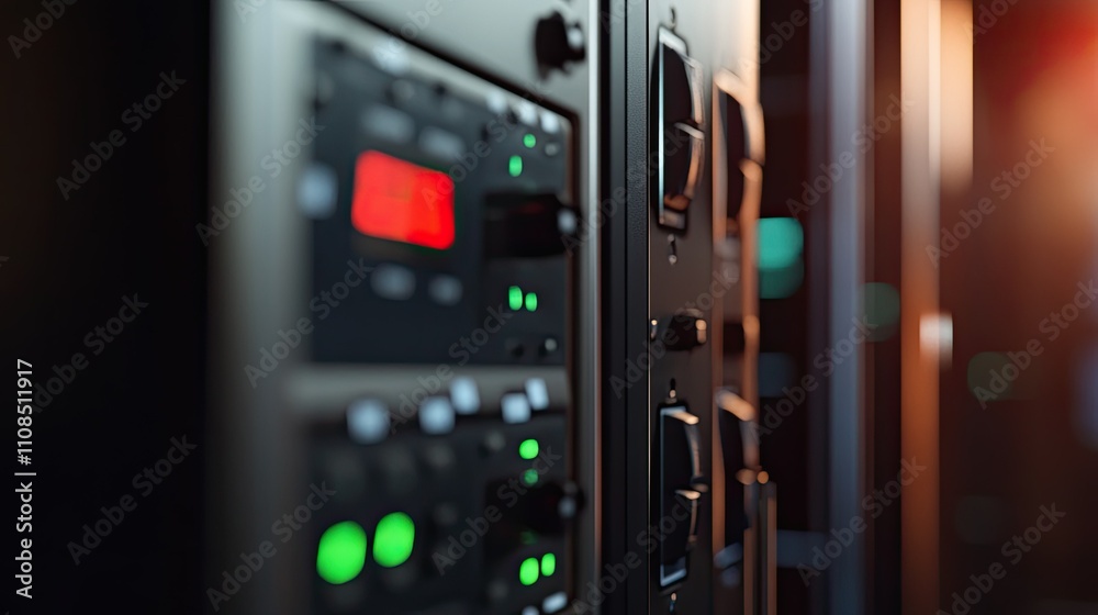 Poster close-up of server rack with control panels and status indicators illuminated in a data center, show