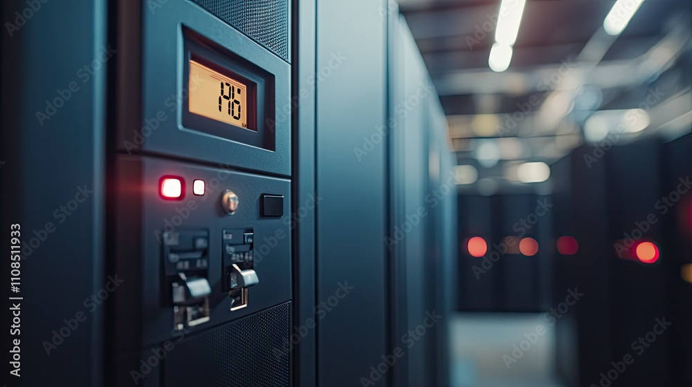 Poster interior of a modern data center featuring rows of server racks with led indicators and control pane
