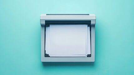 Modern Minimalist Printer with Blank Sheets of Paper on a Soft Teal Background, Perfect for Office and Home Use, Highlighting Technology and Productivity