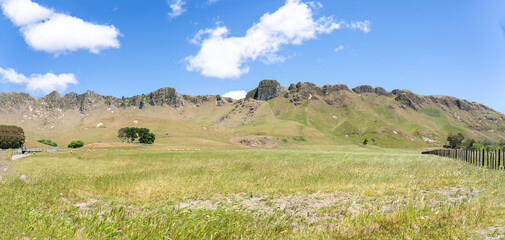 Craggy Range hills form backdrop to green slopes and fields in Hawkes Bay