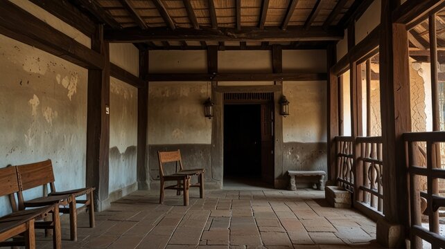 Rustic interior of old house with wooden beams, chairs, and tiled floor.