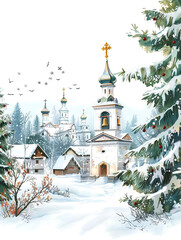 Fototapeta premium A serene winter scene featuring a quaint church surrounded by snow-covered trees and a flock of birds in the sky.