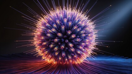 Obraz premium Dynamic fiber optic sphere illuminating technology scene abstract visualization dark background futuristic concept