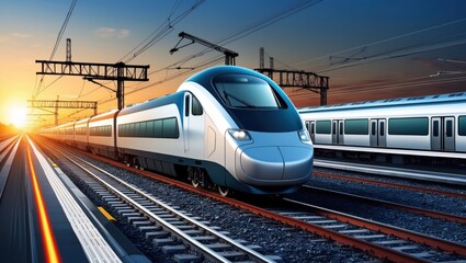 Fototapeta premium High-speed train journey rail station digital art urban sunset dynamic perspective fiber optic connectivity
