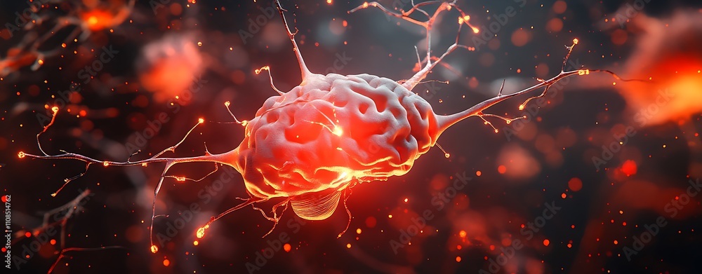 Poster A vibrant depiction of a neuron, showcasing its intricate structure and glowing connections against a dark background.