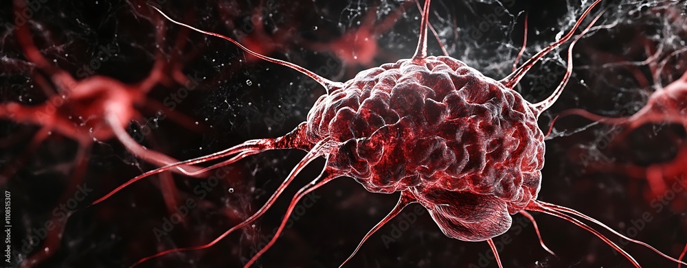 Aufkleber A detailed, microscopic view of a cell, showcasing intricate structures with vibrant red and dark backgrounds, emphasizing biological complexity.