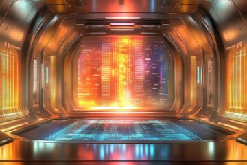 Obraz premium Exploring Futuristic Spaceship Corridor with Glowing Walls & Digital Interface Screens