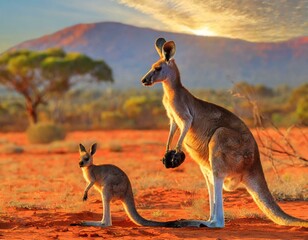 Side view of red kangaroo with a joey in a pocket, Macropus rufus, on the red sand of outback central Australia. Australian Marsupial in Northern Territory, Red Center. Desert landscape at sunset.