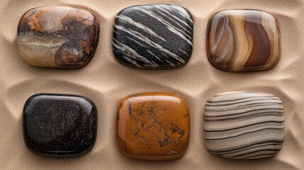 Naklejka premium Smooth Multicolored Stones Arranged on Soft Sand Surface