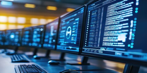 Obraz premium A color image of a networked computer with a warning sign appears on the screen, showing the potential for a cyber threat and the need for strategic defense.