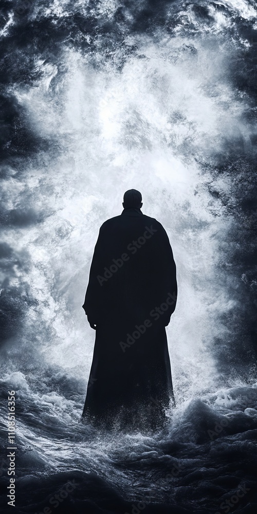 Canvas Prints a man stands in the middle of a waterfall, looking up at the sky. the image has a mysterious and eth