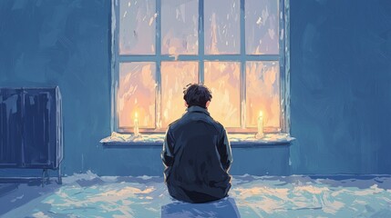 Obraz premium Person sitting by the window, gazing at the flickering candles during a snowy evening.