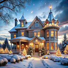 Fototapeta premium Beautifully decorated house at night with Christmas lights