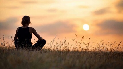 Silhouetted figure sitting in a field, contemplating the sunset across a serene landscape.