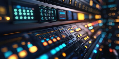 Obraz premium A modern server room with rows of high-performance servers, connected to a centralized cloud network, with a focus on the cooling system.