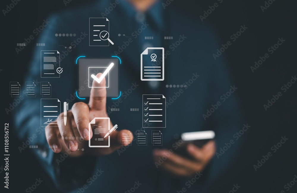 Poster businessman touching approved document icon on digital documents for approve business project propos