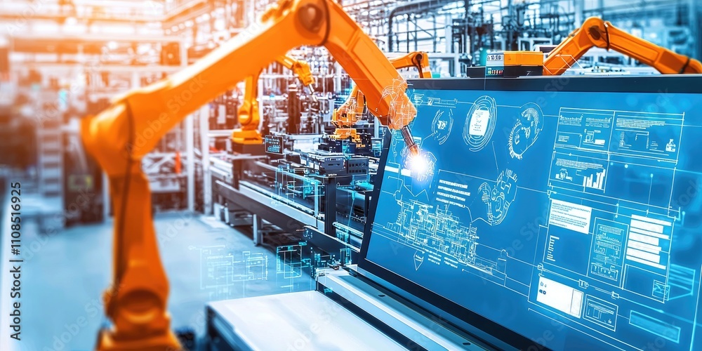 Aufkleber A modern factory floor with automated machines and robotic arms working in harmony to improve production efficiency, with clear flow diagrams visible on a screen.