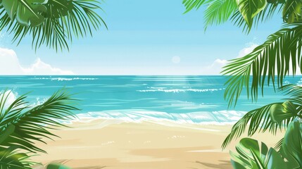 Fototapeta premium A beach scene with palm trees and a blue ocean. Scene is calm and relaxing
