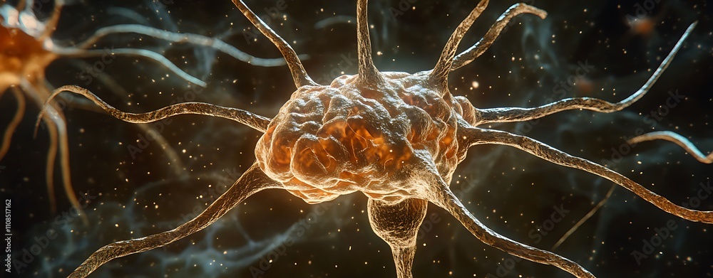Fototapete A detailed close-up of a neuron with glowing connections, illustrating the complexity of neural networks and cellular structures in the nervous system.
