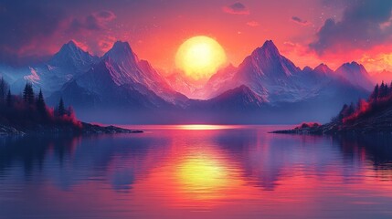 A serene sunset over mountains reflecting in a tranquil lake, evoking peace and beauty.