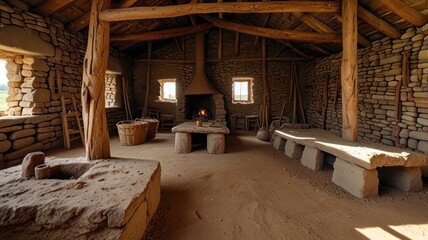 Rustic interior of ancient stone house with fireplace.