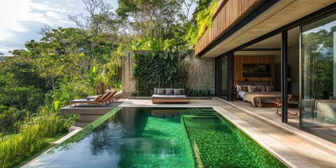 Fototapeta premium A sustainable villa designed with natural materials, featuring a bio-designed pool with emerald-green water, surrounded by a garden filled with native plants. 