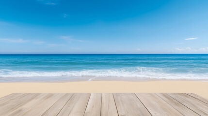 Fototapeta premium Wooden floor or plank on sand beach in summer. For product display.Calm Sea and Blue Sky Background 