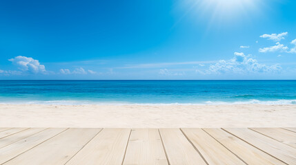 Fototapeta premium Wooden floor or plank on sand beach in summer. For product display.Calm Sea and Blue Sky Background 
