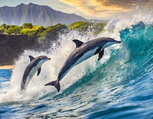 Obraz premium Playful dolphins jumping over breaking waves. Hawaii Pacific Ocean wildlife scenery. Marine animals in natural habitat.