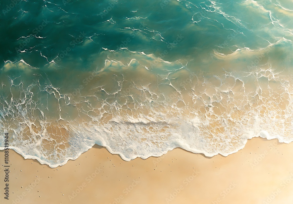 Poster aerial view of turquoise waves gently lapping against a sandy beach, creating a serene coastal scene