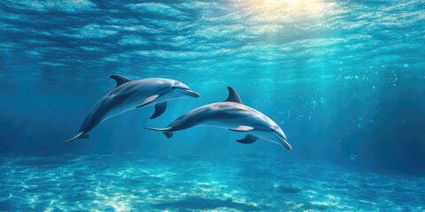 Naklejka premium Wild dolphins swimming near the sea surface