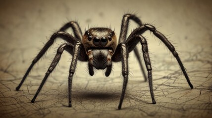 Fototapeta premium Here's a possible and keyword list for your image.. Close-up of a large, dark spider on a textured surface.