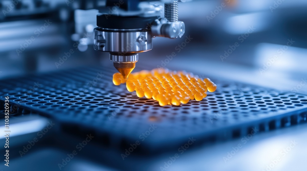 Poster advanced 3d printing technology: close-up of precision nozzle depositing orange material on hexagona