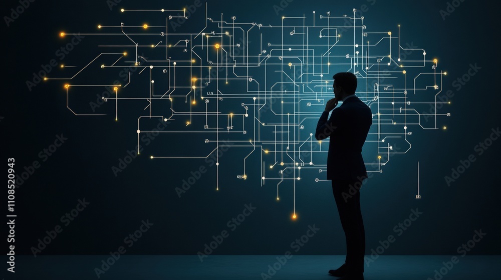 Aufkleber thoughtful businessman analyzing digital connections and technology concepts in dark space with abst
