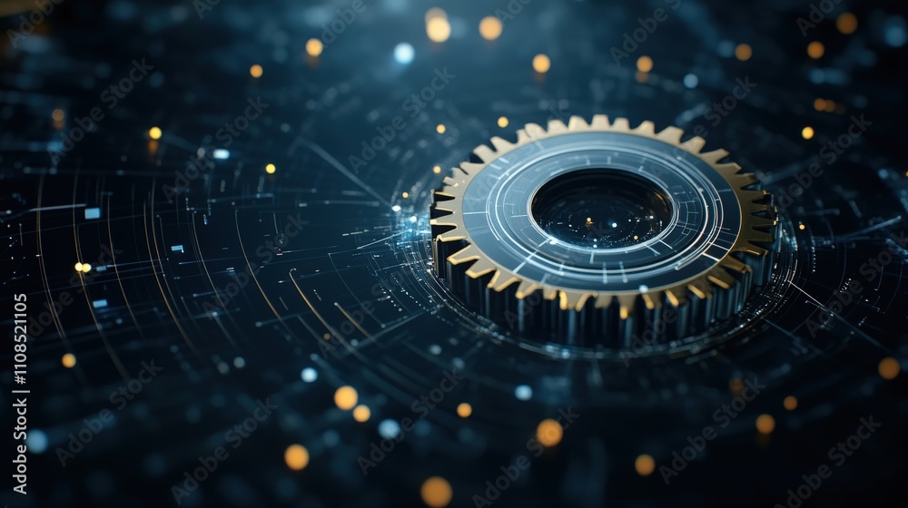 Poster Detailed Close-Up of a Metallic Gear Surrounded by Digital Circuits and Glowing Particles, Representing Technology and Innovation in Mechanical Engineering