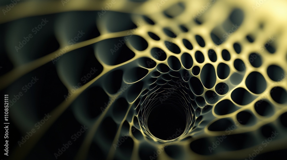 Poster Abstract representation of a dark tunnel made of intricate yellow mesh patterns, creating a vivid sense of depth and movement in a surreal environment