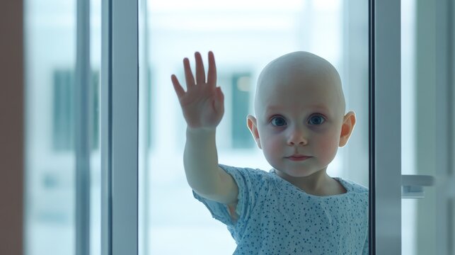 Bald young caucasian child waving through glass door