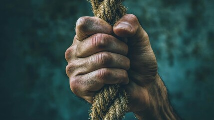 A hand tightly gripping a rope, with frayed edges symbolizing the strength of holding on in tough times.