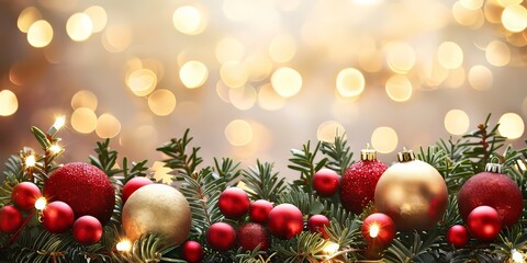 A festive Christmas garland adorned with red and gold ornaments and twinkling lights, set against a warm bokeh background.