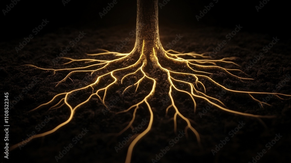 Poster illuminated tree roots emerging from dark soil, capturing the connection between nature, light, and 
