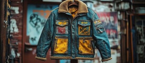 Fototapeta premium A vintage-style jacket with a unique design, featuring multiple pockets and a cozy collar.