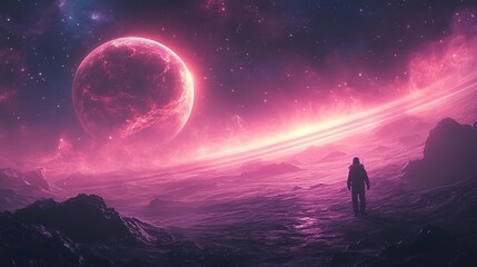 Fototapeta premium A lone astronaut stands on a rocky landscape under a vibrant, cosmic sky with a large planet.