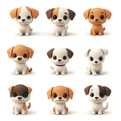 Obraz premium A set of cute little puppy dogs in a creative minimal 3D style, isolated on a white background with the background removed.