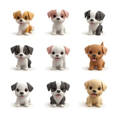 Naklejka premium A set of cute little puppy dogs in a creative minimal 3D style, isolated on a white background with the background removed.