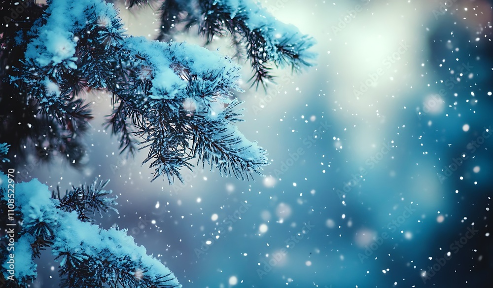Aufkleber Snowflakes gently fall on a frosted evergreen branch, creating a serene winter scene with soft blue hues.