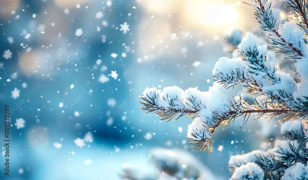 Poster A serene winter scene featuring snowflakes gently falling on a frosted pine branch, creating a tranquil and picturesque atmosphere.