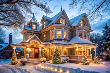 Fototapeta premium Victorian house with a huge front porch surrounded by a large pine forrest Winter season Snow christmas decorations