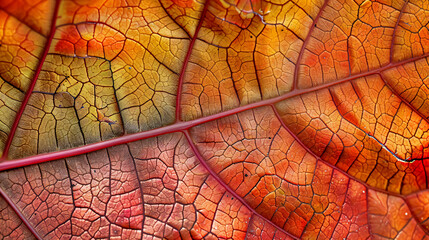 Obraz premium Colorful Autumn Leaf: A close-up of a colorful autumn leaf, with veins and textures sharply in focus, highlighting the leaf�s intricate details and vivid colors.