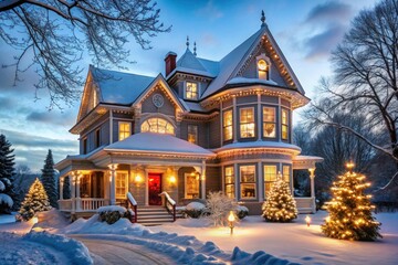Victorian house with a huge front porch surrounded by a large pine forrest Winter season Snow christmas decorations