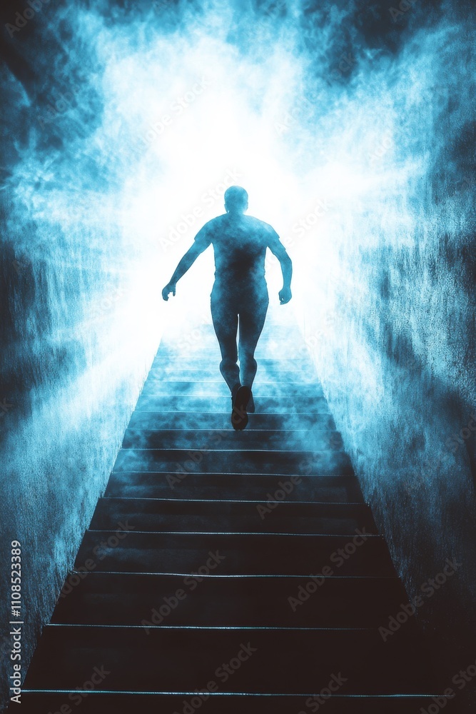 Canvas Prints a person running up a staircase toward a bright future, symbolizing the upward journey of determinat